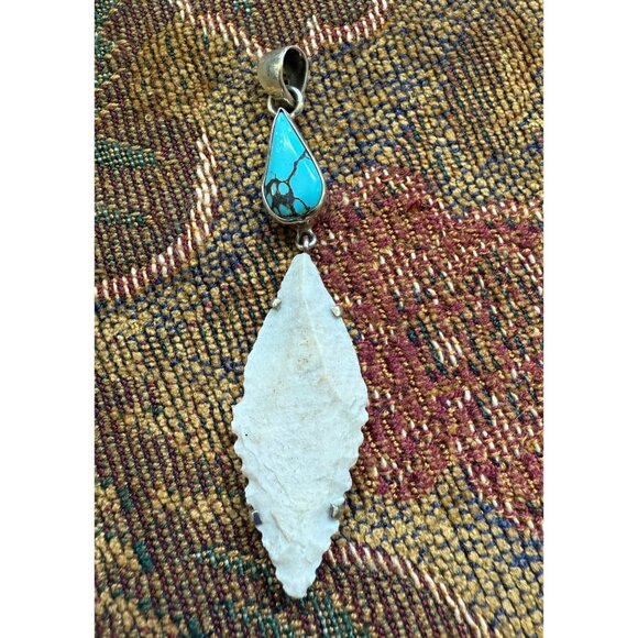 Turquoise & Sterling(tested) Arrowhead Pendant Necklace Teardrop - Picture 1 of 4